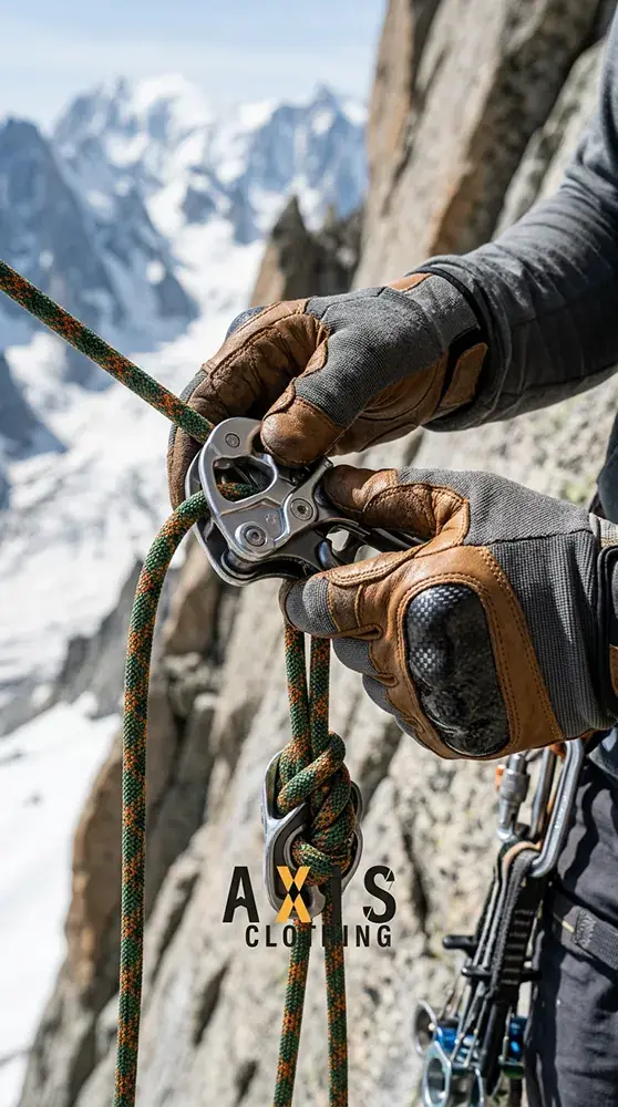 Axis climber with belay device on alpine face